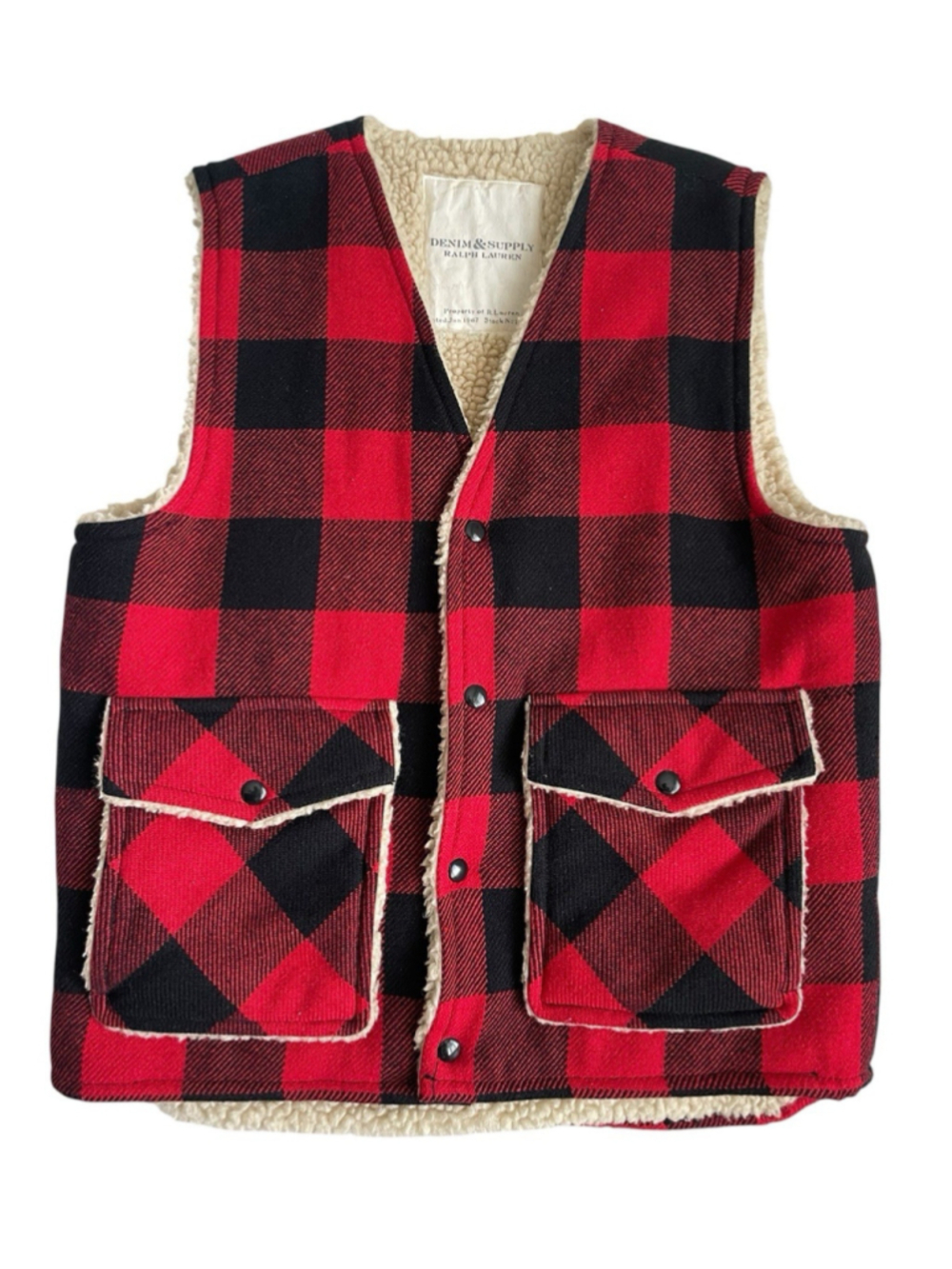 Ralph Lauren Denim Supply Sherpa Lined Vest Men’s M Red Buffalo Plaid Pearl Snap